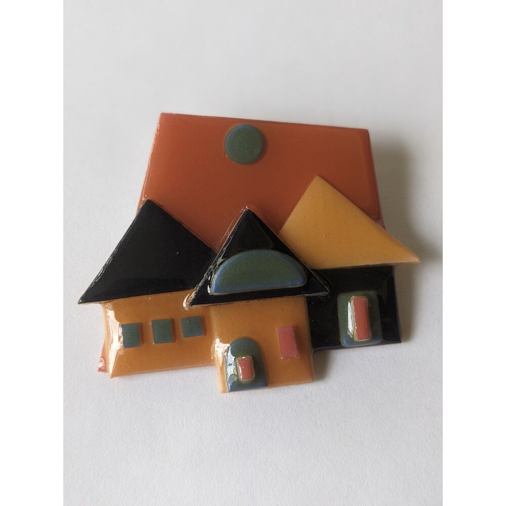 House Pin Brooch By Lucinda Vintage Handmade #1 Orange Black & Green Made In USA